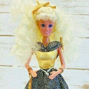M&C Doll Curly Blond Hair Green Eyes Gold Black Dress 12" Tall Used